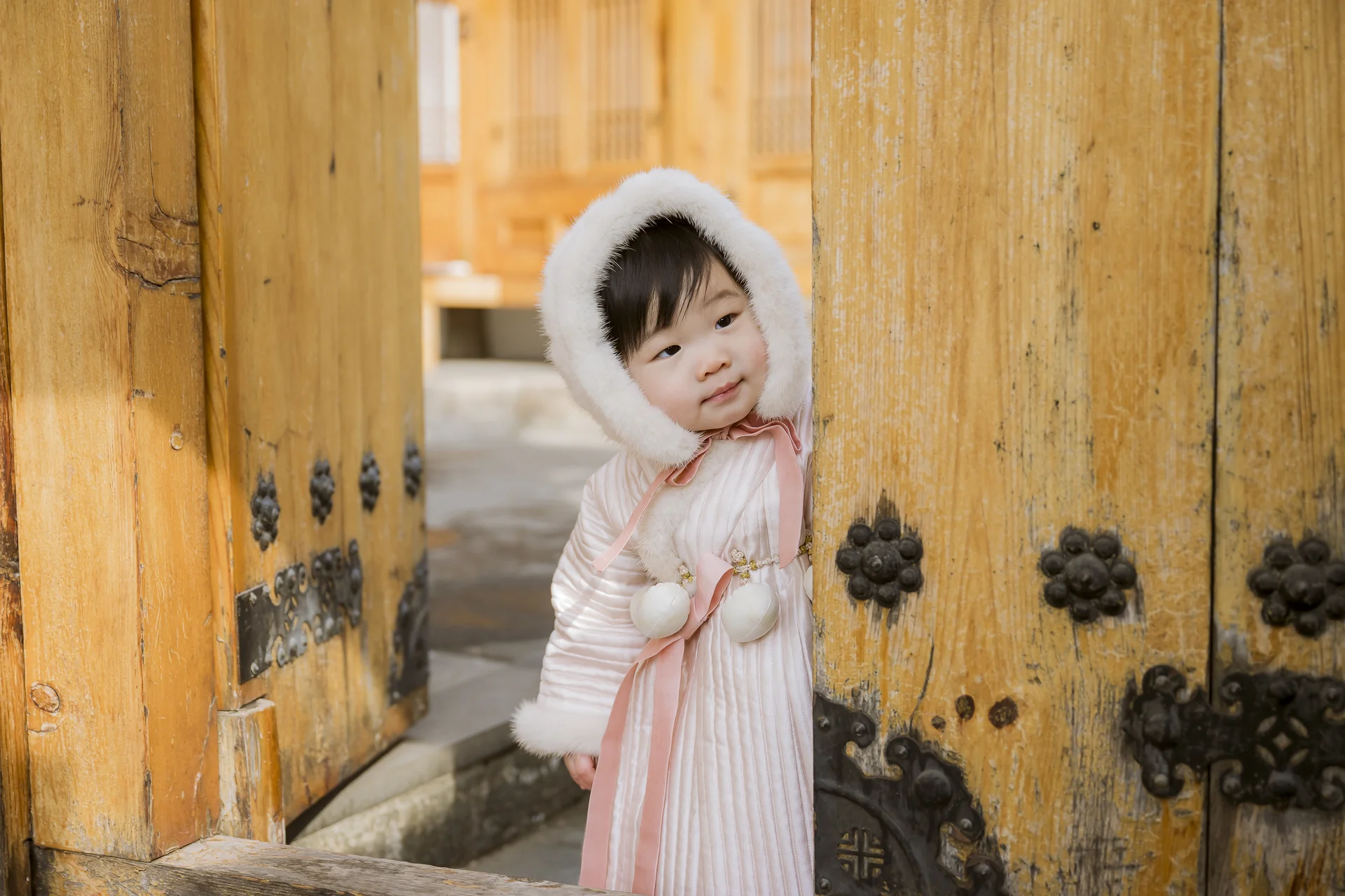 한옥 나무 대문 사이로 얼굴을 내민 흰 털조바위에 분홍 한복을 입은 돌복 아기